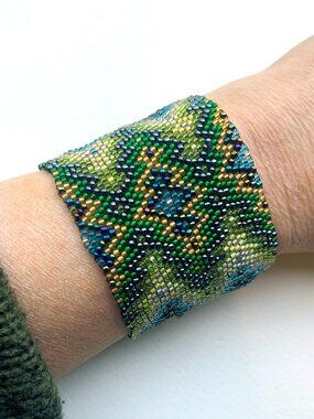Handmade Wide Seed-Bead Cuff Bracelet with Geometric Design